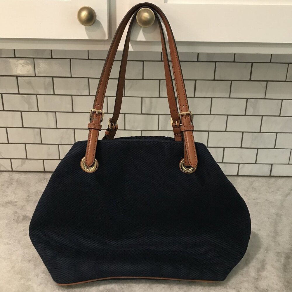 Michael Kors Tote Bag Womens Large Blue Canvas Leather Shoulder Purse MK Charm - Picture 2 of 14